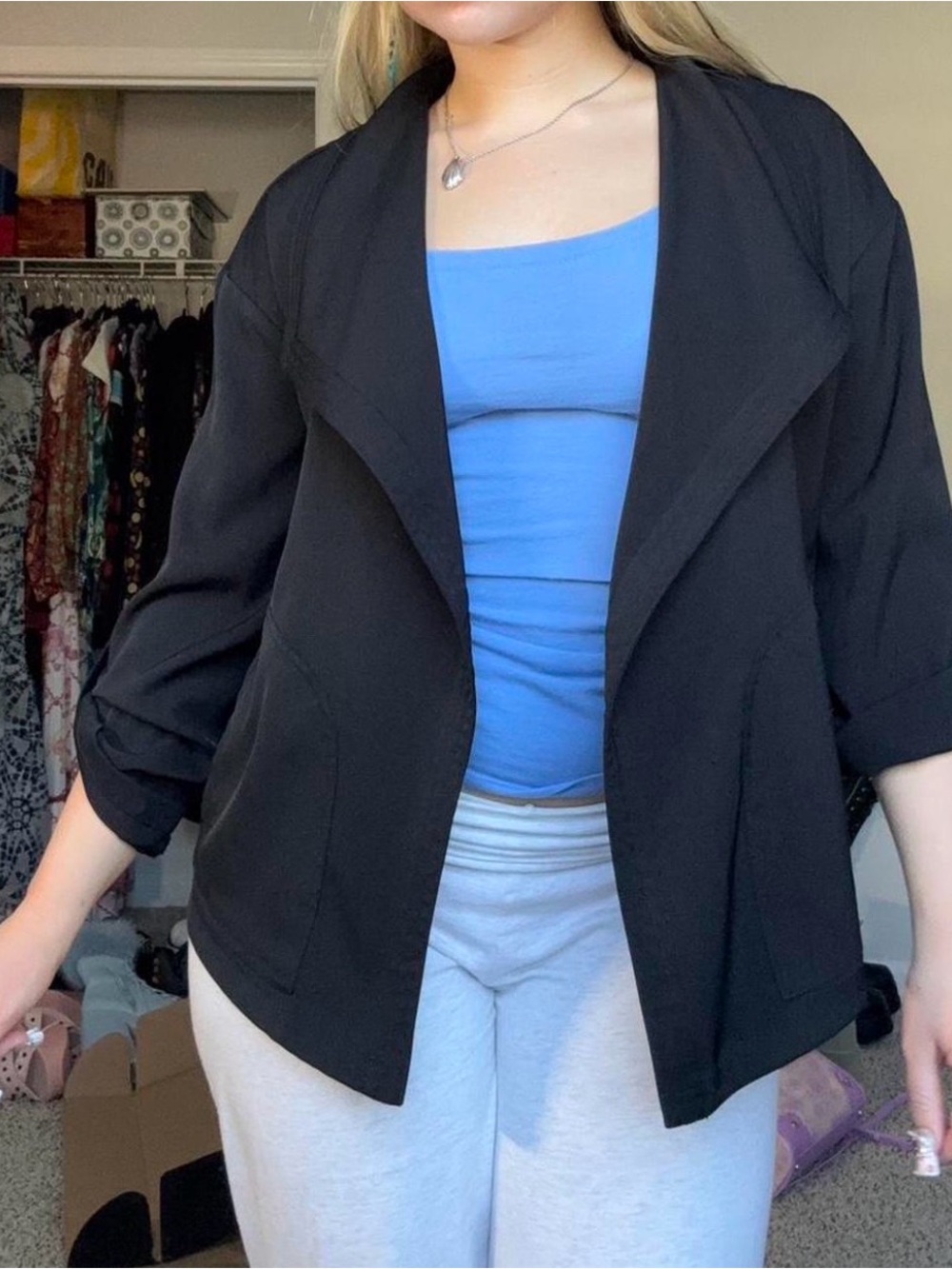 Verso Women's Black Open-Front Relaxed Draped Blazer Ruched 3/4 Sleeves Size S